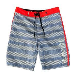 Hurley Mens Blue Striped Board Shorts Orange Trim Swim Trunks Size 31 Summer